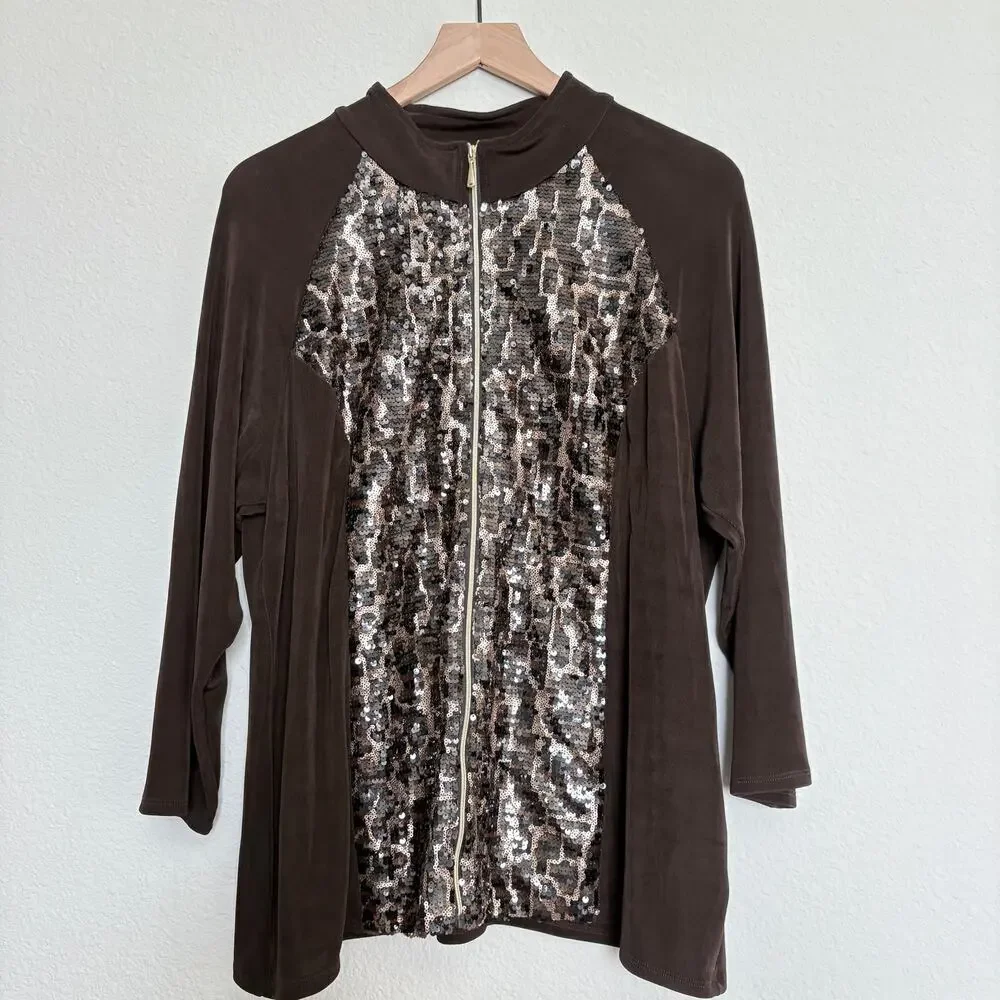 Chico’s Travelers Sequin Jacket Brown Animal Print Zip Up Size 3 (XL/16-18)